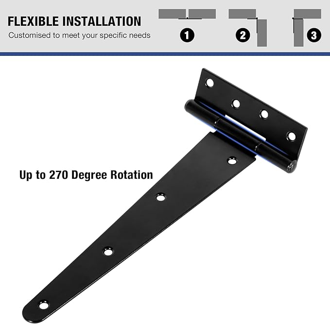 TDCHINGES 10 Inch Heavy Duty T Strap Tee Hinge 6 Pack Barn Farm Fence Gate Door Hinges for Shed Doors Outdoor Kitchen Wood Cabinet Interior Exterior Window Bar Shop Matte Blake Door Hinge Hardware Kit