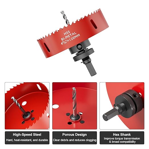 4-3/4" (120mm) Bi-Metal M42 High Speed Steel Hole Saw with Pilot Drill Bit, Smooth Cutting Edge for PVC, Drywall, Wood, Plastic, Gypsum Board, Rubber, Thin Metal
