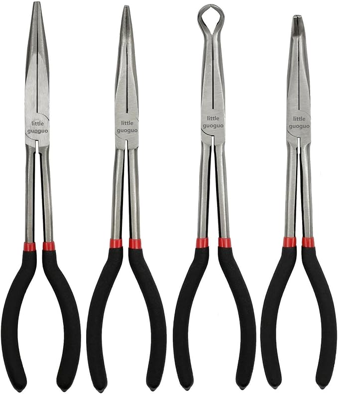 4 Pack 11" Precision Long Nose Pliers Set, Insulated Comfort Grip - Straight Needle Nose, 45/90 Degree Curved & Circle Tools for Wire Bending, Shaping, Trimming