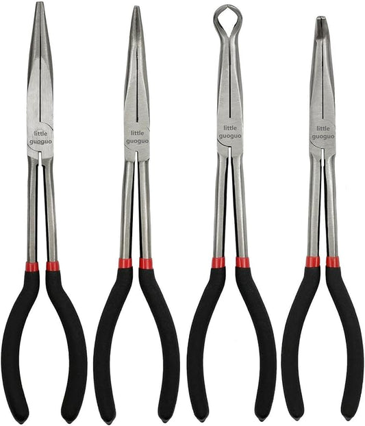 4 Pack 11" Precision Long Nose Pliers Set, Insulated Comfort Grip - Straight Needle Nose, 45/90 Degree Curved & Circle Tools for Wire Bending, Shaping, Trimming