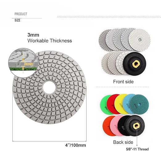 SHDIATOOL Diameter 4 Inch/100mm Diamond Wet Polishing Pads Set of 8Pcs Plus A 5/8?쇺?11 Rubber Backer for Marble Granite Countertop Quartz Stone Sanding Disc for Grinder, Polisher