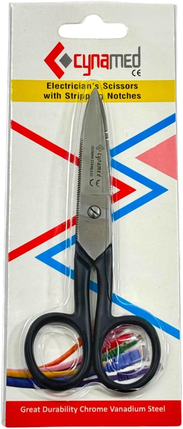 Electrical Wire Cutting and Stripping Scissors 5.25" Length | Electrician Electrical Repair Scissors | German Stainless Steel (Set of 3 - Black + Blue + Silver)