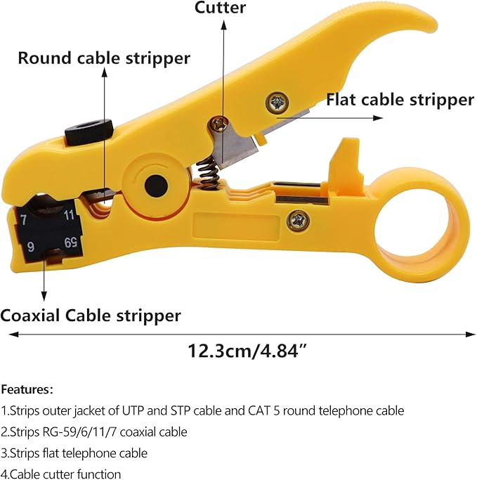 mxuteuk Coax Cable Crimper Kit Adjustable RG6 RG59 RG11 75-5 75-7 Coaxial Compression Tool Fitting Wire Stripper With 10 pcs F Compression Connectors