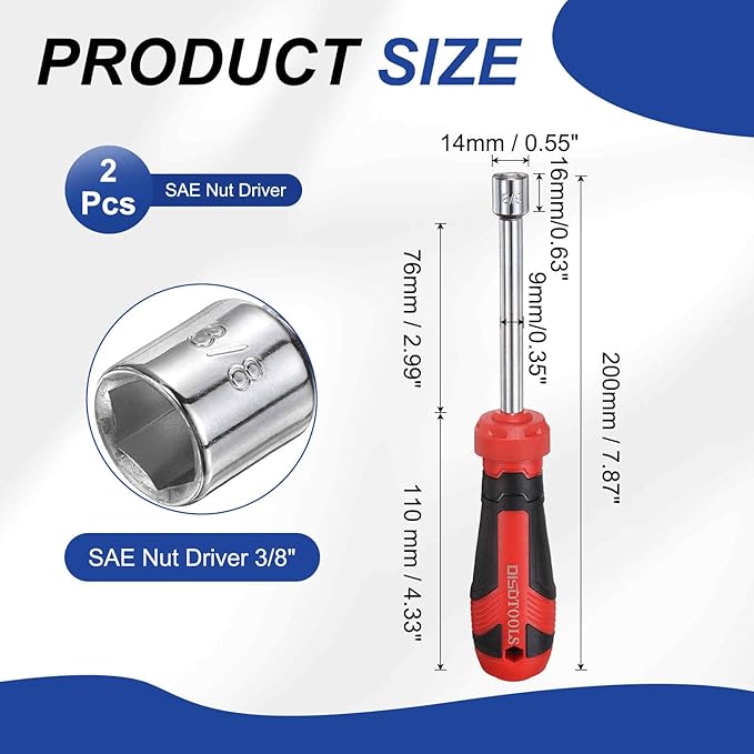 HARFINGTON 2 Pcs SAE Nut Driver 3/8" CR-V Non-Magnetic Tip Hollow Shafts Hex Socket Screwdriver with Anti-Slip Handle for Automobile Repair Bit Driver
