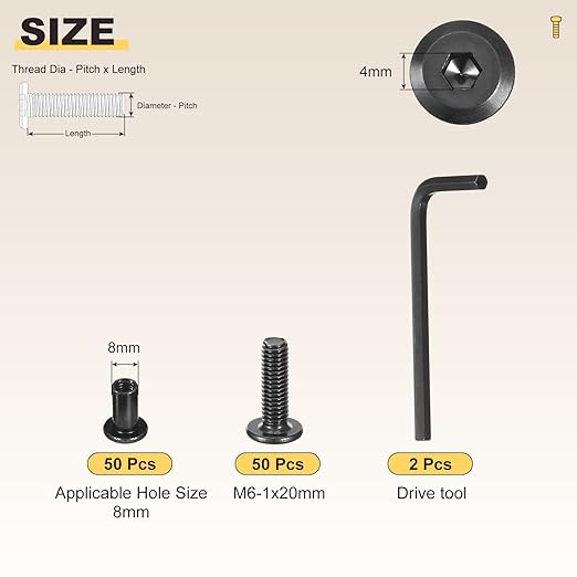 METALLIXITY Furniture Crib Screws Replacement Set with Wrench(M6-1x20mm) 100Pcs, Galvanization Connector Bolts M6 Screw Barrel Nuts Binding Screws, for Chair Cabinet Bed, Black
