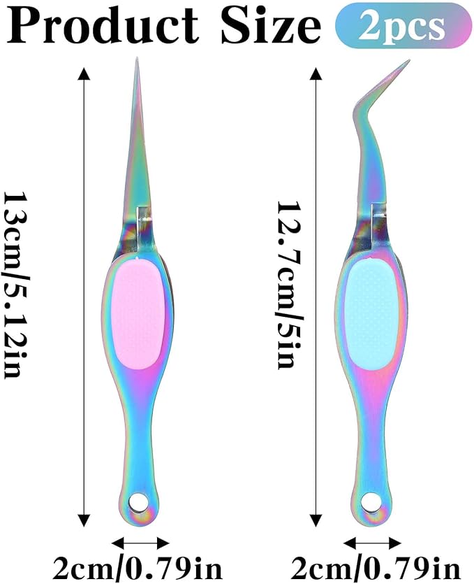 2PCS Stainless Steel Reverse Tweezers for Crafting, Soft Grip Tweezer for Crafting DIY with Curved and Straight Tips, Pointed Needle Nose for Jewelry Making Beading Angled Tweezers