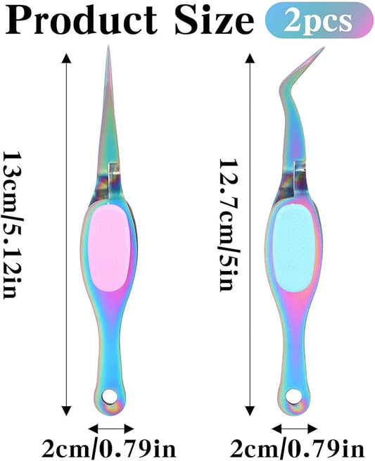 2PCS Stainless Steel Reverse Tweezers for Crafting, Soft Grip Tweezer for Crafting DIY with Curved and Straight Tips, Pointed Needle Nose for Jewelry Making Beading Angled Tweezers