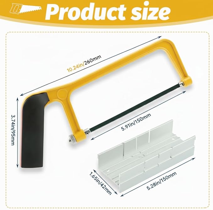 6 Inch Mini Hacksaw and Mitre Block Set, Adjustable Miter Box and Saw Set with 2 Spare Blades, Aluminum Cutting Saw Hack Saws for Woodworking, Hacksaw, Metal Cutting (Yellow)