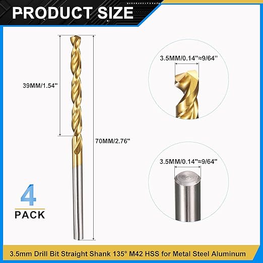 PATIKIL 3.5mm Drill Bit, M42 8% Cobalt High-Speed Steel Jobber Straight Shank 135° Titanium Nitride (TiN) Coated for Hard Metal Stainless Steel - 4 Pack