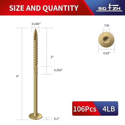 #14 x 4 Inch Outdoor Structural Wood Deck Screws (106Pcs/4lb), Carbon Steel, Tan, Flat Head, Rust Resistant Epoxy Coated, T30 Star Bit