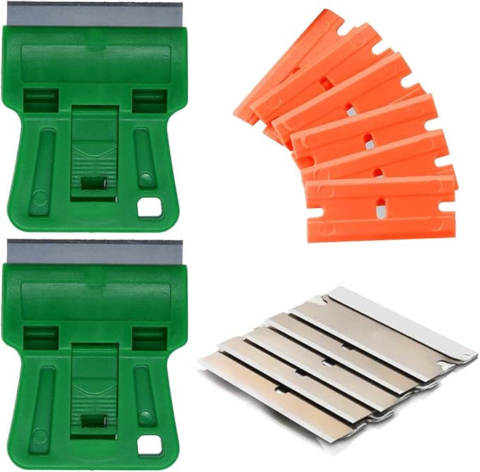 1.5 inches High Visibility Mini Razor Blade Scraper Glass Scraper Green Paint Window Scraper With 5 Metal Scraper Razor Blades 5 Dual Plastic Double Edge Razor Blades Removing Decal Stickers
