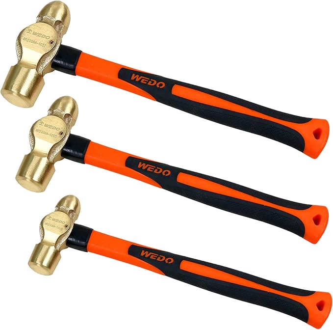 WEDO 3PCS Brass Ball Peen Hammer Set,1-1/2lb&2lb&2-1/2lb,Fiberglass Handle,Die-Forged,Corrosion Resistant,DIN Standard