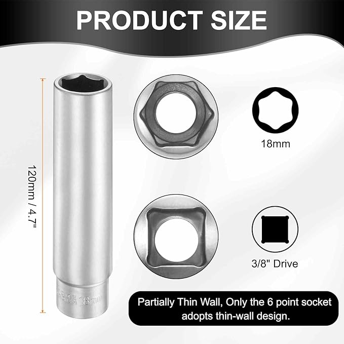 HARFINGTON 2pcs 6 Points Deep Socket 3/8" Drive 18mm Deep Metric CR-V Steel Polished Nickel Plating Flip Sleeve 120mm / 4.7" Extra Long Socket Tool for Home Auto Nuts Bolts Repair