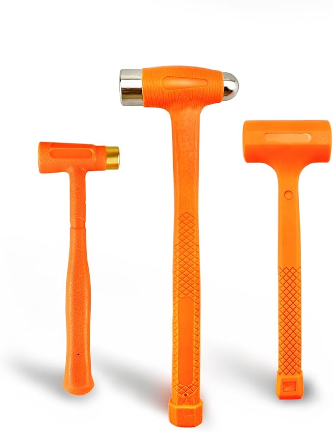 C&T 3-Pieces Dead Blow Hammer Set, Brass Hammer, Ball-Peen Hammer, and Dead Blow Hammer,Orange,Shockproof Design, No Rebound Hammer, Unibody Molded Checkered Grip, Spark and Rebound Resistant