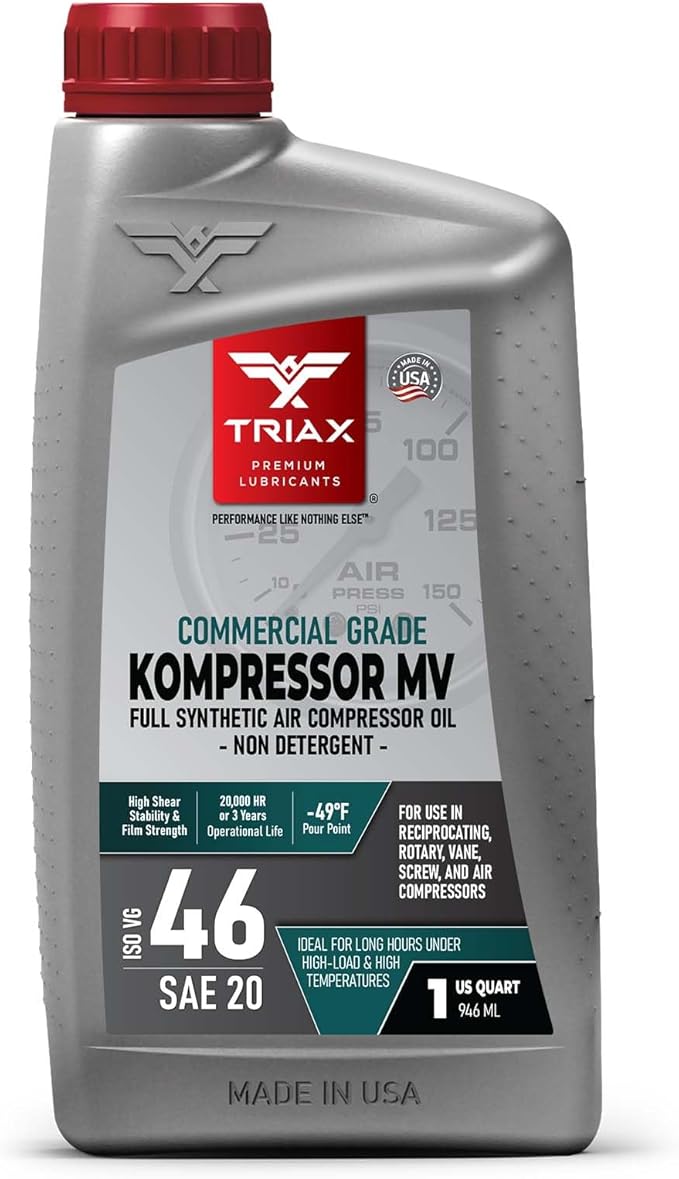 TRIAX Kompressor MV 46 / SAE 20 - Full Synthetic, Multi-Vis Air Compressor Oil - Commercial Grade - for Rotary, Vane, Screw, and Reciprocal - High Temp, 20,000 Hour Life, Non-Detergent (1 Quart)
