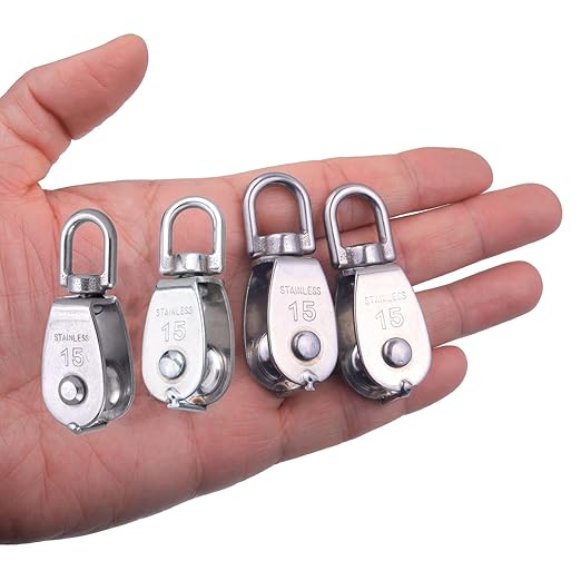 Rocaris 4 Pack M15 Lifting Single Pulley Block 304 Stainless Steel Crane Swivel Hook Double Pulley Roller Loading