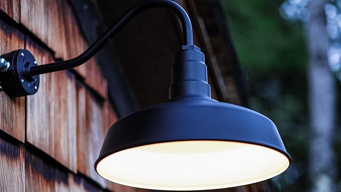 Steel Lighting Co. | Dusk to Dawn | Gardena Barn Light | Outdoor Wall Mounted | 16" Dome | 16" Gooseneck | Farmhouse Light Made in America | Navy Blue/Brass