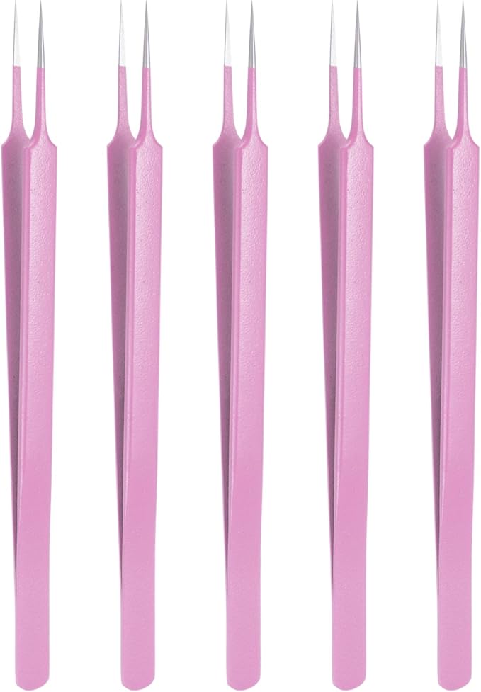 HARFINGTON 5pcs Stainless Steel Precision Tweezers 6.3 Inch Long Handle Pointed Tip Tweezers Multi Purpose for Craft Industrial Work Laboratory Use, Pink