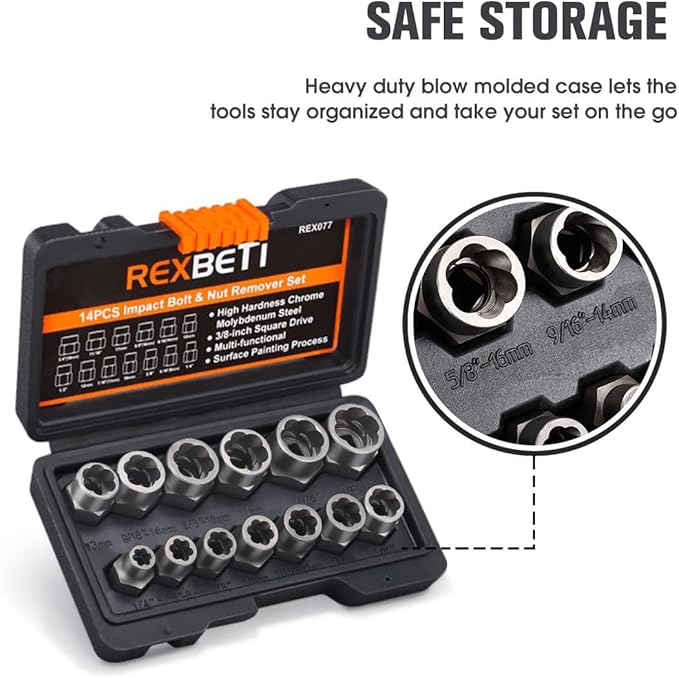 REXBETI Impact Bolt & Nut Remover Set, Bolt Extractor Tool Set with Solid Storage Case (14 pieces)