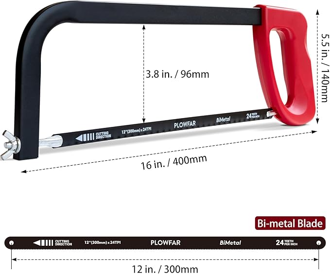 12??High-Tension Hacksaw Frame with 24 TPI Bi-metal Blade, Suitable for Metal, Wood, PVC, Carpentry