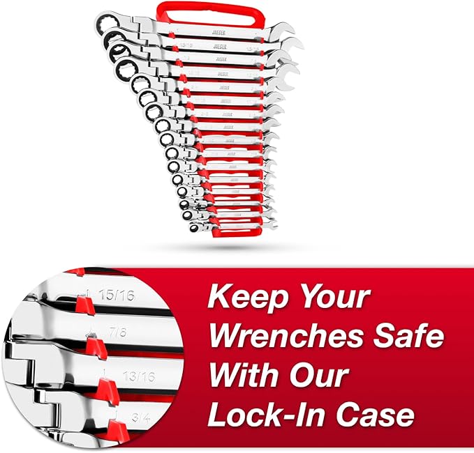 Jaeger 16pc IN/SAE Flex Head TIGHTSPOT Ratcheting Combination Wrench Set With Lock-In Rack - Inch Flexhead MASTER SET With Flexible Ratchet Speed Wrenches And A Lock-In Rack Case