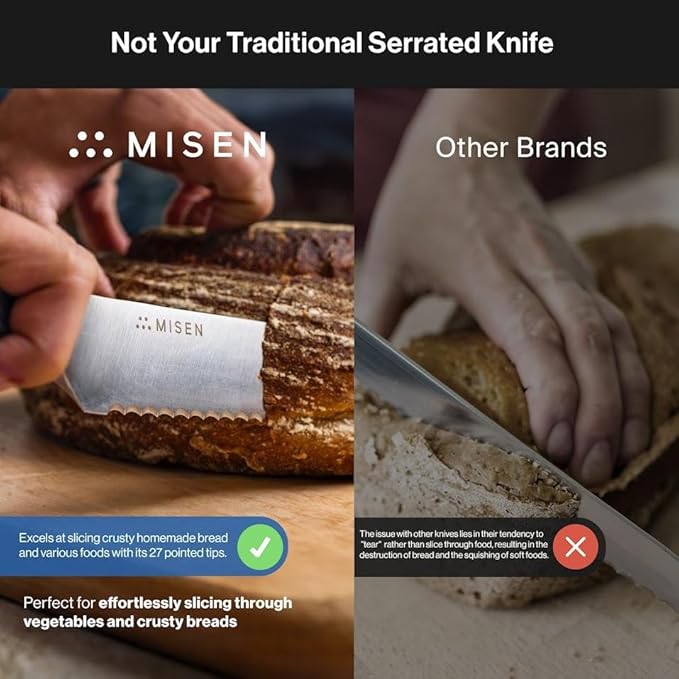 Misen Serrated Bread Knife - High-Carbon Japanese AUS8 Steel - Perfect for Soft Foods, Bread, Pastries, and Fruits - Verstatile Slicer, Razor-Sharp Edge, Durable Blade, Ergonomic Handle - 8", Red