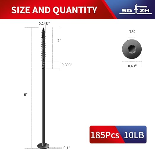 #14 x 6 Inch Outdoor Structural Wood Deck Screws (185Pcs/10lb), Carbon Steel, Black, Flat Head, Rust Resistant Epoxy Coated, T30 Star Bit
