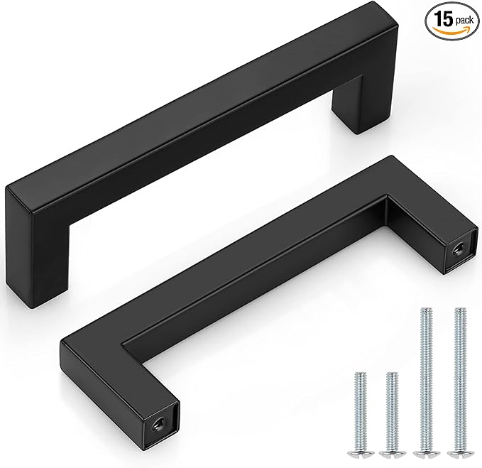 Probrico 15 Pack 4 Inch Hole Center Square Cabinet Handles Flat Black Kithcen Cabinet Pulls Black Drawer Dresser Pulls Kitchen Cabinet Hardware Kitchen Handles for Closet, Wardrobe, Bedroom