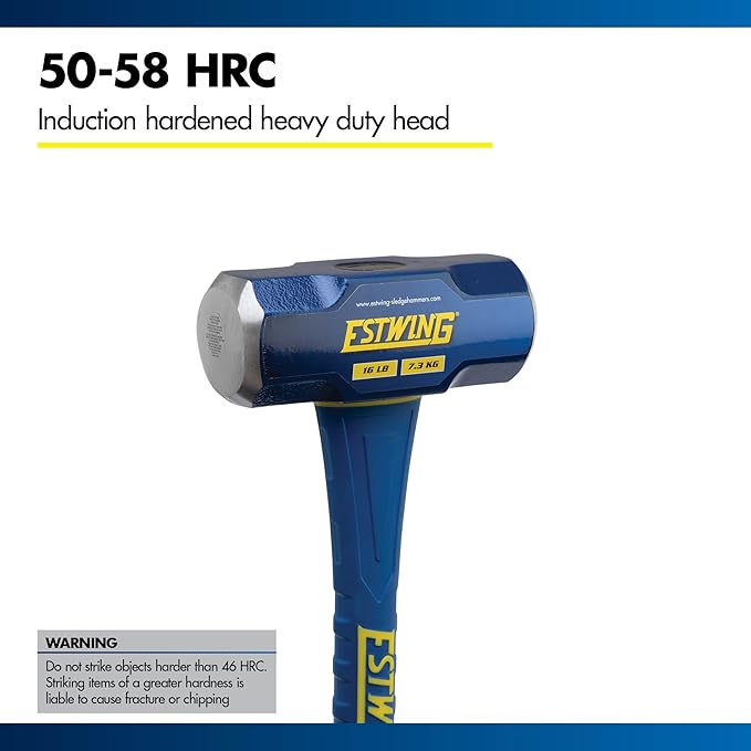 Estwing 16-Pound Hard Face Sledge Hammer for Demolition/Stake Driving, 50-55 HRC, 36-Inch Fiberglass Handle, Overstrike Protection, Textured Grip