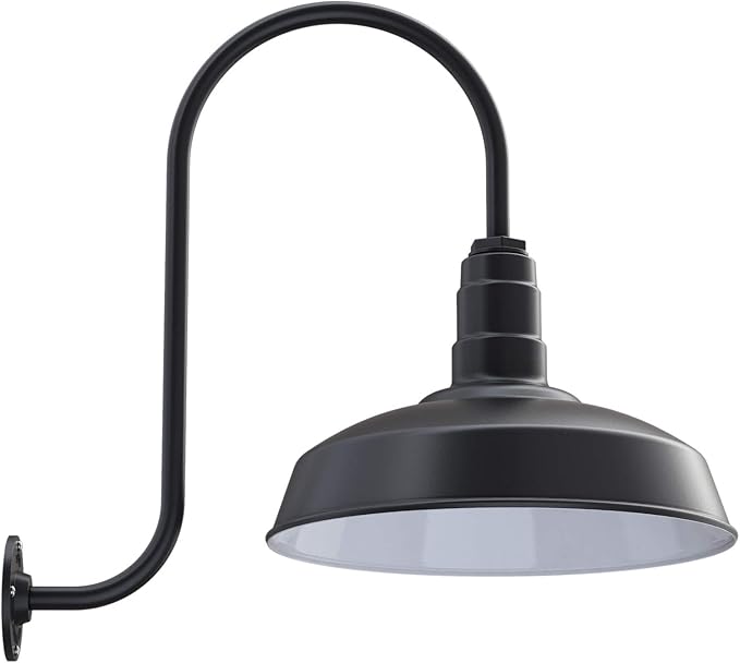Steel Lighting Co. | Dusk to Dawn | Gardena Barn Light | Outdoor Wall Mounted | 16" Dome | Upslope Gooseneck | Farmhouse Light Made in America | Matte Black Exterior/White Interior