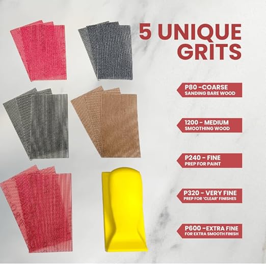 SCORCH MARKER - 16 pc Hand Sanding Kit, Sander Block, with Durable Mesh & Soft Handle, Includes 3 Sheets Each of 80, 120, 240, 320 and 600 Grit Sandpaper. Fully Reusable & Washable for Crafts & DIY
