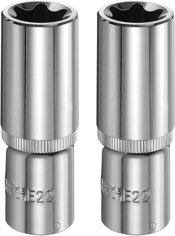 HARFINGTON 2pcs E-Torx Socket 1/2" Drive E22 Star Female Socket 3.1" Length External Torx Deep Sleeve Chrome Plating 6 Point Spline Sleeve for Auto Repairs Home Maintenance