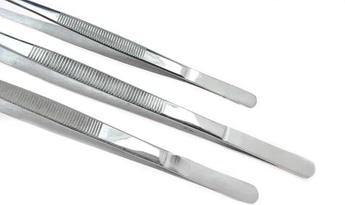 SE 3-Piece Stainless Steel Tweezer Set with Serrated Tips - Includes 8", 10", and 12" Sizes for Precision Work and General Use TW2-408