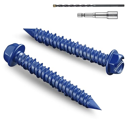 100Pcs 1/4 x 2-1/4 Inch Concrete Screws Anchor with Drill Bit, Blue Hex Head Masonry Brick Stucco Cement Block Screws, Diamond Point