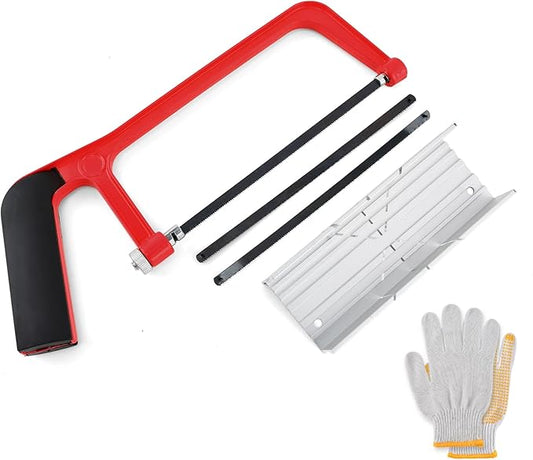 Mini Metal Mitre Box and Saw Set, 6 Inch Extra Fine Cut Hand Saw with 2 Hacksaw Replacement Blades & Gloves for Crafts, Hobby Projects, Cutting Wood, Soft Metal (Red)