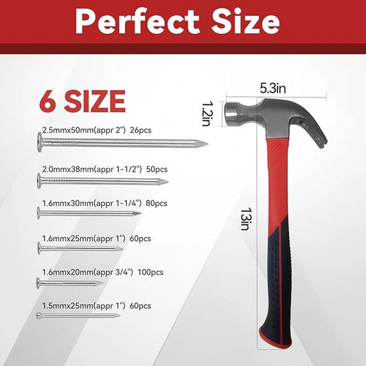 16oz Claw Hammer with 376pcs Nails Set, Smooth Face and Forged Steel Head, Shock-Absorbing Fiberglass Handle, Red and Black Handle for Carpentry and General Purpose