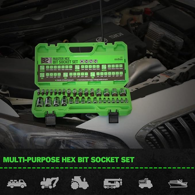 SWANLAKE 32 Piece Hex Bit Socket Set,SAE and Metric, 1/4'', 3/8', 1/2'' Drive Socket Set, S2 & Cr-V Steel