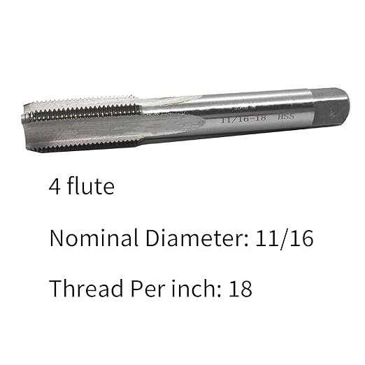 Lzcdelyxiao 11/16"- 18 Straight Flute Thread Tap Machine Tap 11/16-18 TPI Nominal Diameter 11/16" Thread Per Inch 18 Fin Thread UNS Right Hand Thread High Speed Steel HSS W6542