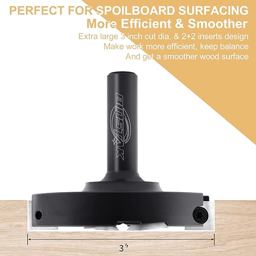 CNC Spoilboard Surfacing Router Bit,1/2 Inch Shank 3 Inch Cutting Diameter, 2+2 Carbide Inserts Slab Flattening Router Bit Planer Bit for Wood Spoil Board Planing
