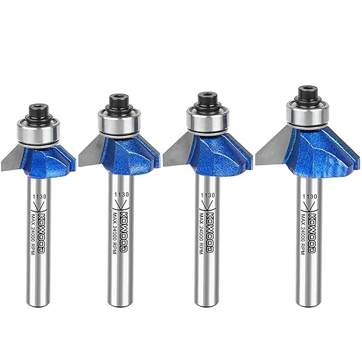 KOWOOD Plus 45 Deg Round Over Router Bit Set, 1/4 Inch Shank, Radius in 1/8?? 5/32?? 3/16?? 1/4?? with Updated Kowood C3 Carbide. Great for Round Edges, Ideal for Table, Drawer or Cabinet Edges
