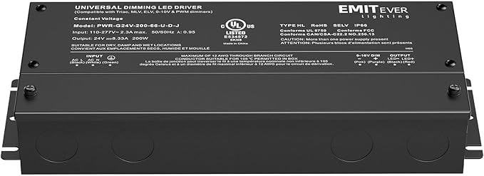 EMITEVER Dimmable Led Driver, 200W AC 110V-277V to DC 24V Transformer, 5-in-1 Dimming: ELV/MLV/TRIAC / 0-10V / 1-10V / 10V PWM/Potentiometer, Waterproof IP67 and UL Listed