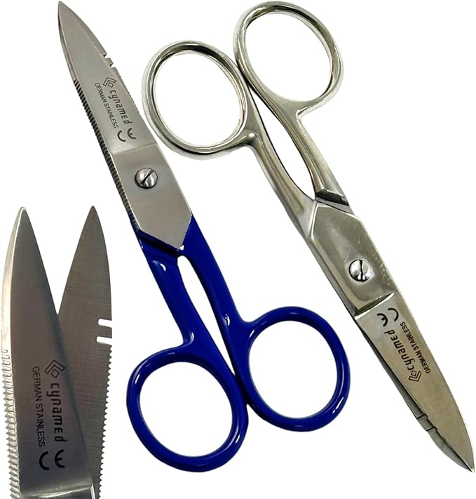 Electrical Wire Cutting and Stripping Scissors 5.25" Length | Electrician Electrical Repair Scissors | German Stainless Steel (Set of 2 - Blue + Silver)