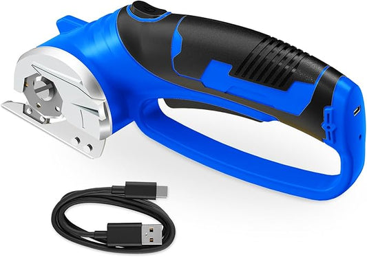 Cordless Electric Scissors, 4V Rechargeable Box Cutter & Cardboard Cutter with Titanium Blade, LED Light, Safety Lock - Rotary Cutter for Fabric, Leather, Carpet, Plastic, Crafting, Sewing(Royal Blue)