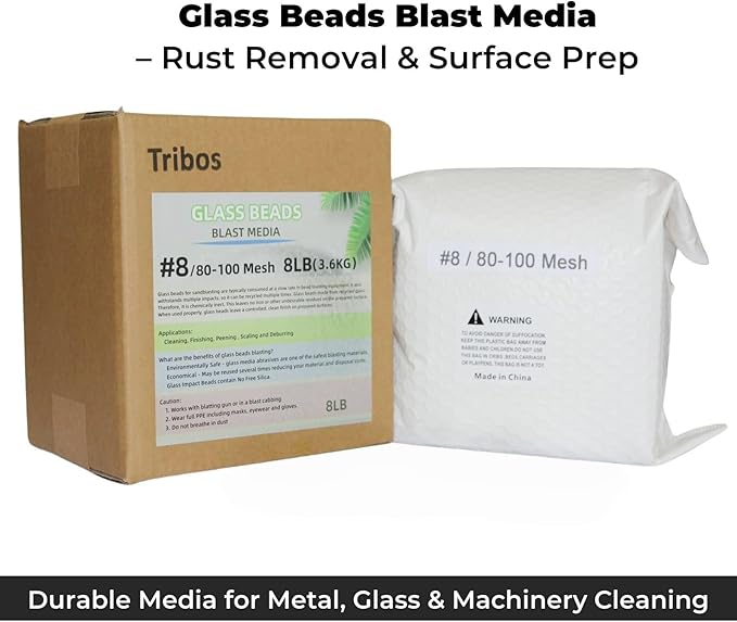 Glass Bead Media for Sandblasting ??8LB Non-Silica Reusable Blasting Abrasive for Rust Removal & Surface Finishing ??Multiple Mesh Options (# 8 (80~100Mesh))