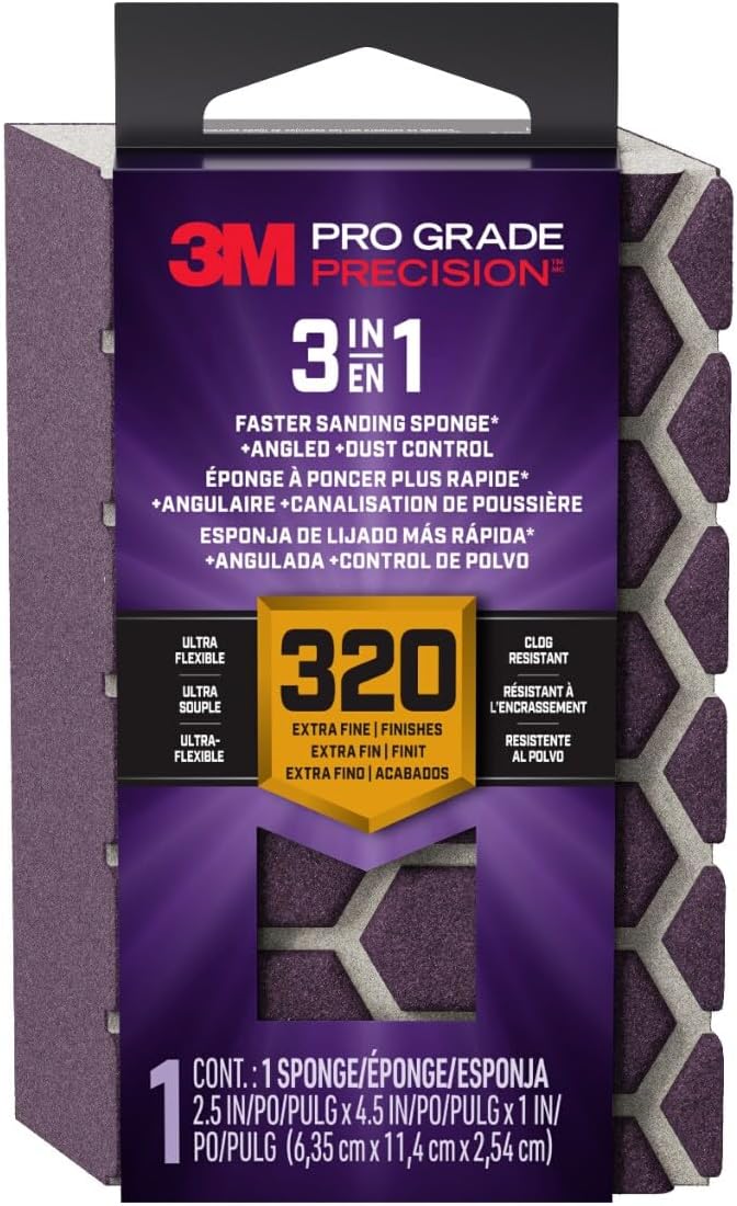 3M DCDA320-PGP-1T Pro Grade Precision 3-in-1 Angled Faster Sanding Sponge, 320-Grit Extra-Fine, 2.5" x 4.5" x 1"