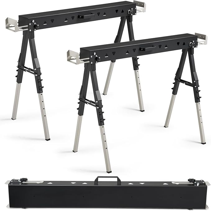 2 Pack Heavy Duty Folding Sawhorse Pair, Adjustable Height & Legs, Portable Metal Saw Horses with 2600 LBS Load Capacity, Portable Folding and Fast Open Legs and Easy Grip Handle for Woodworking.