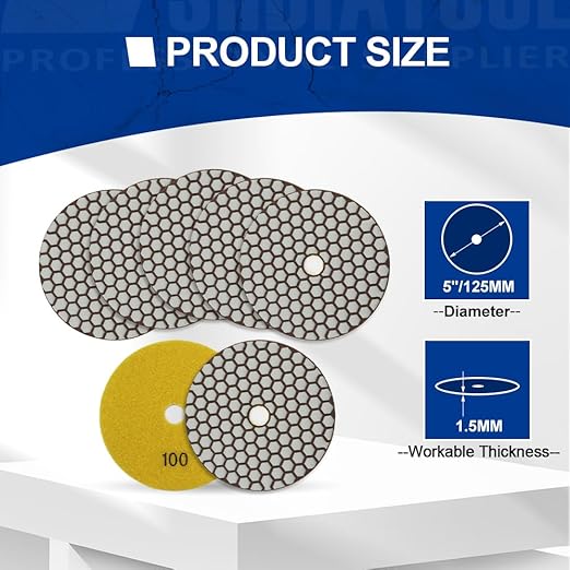 SHDIATOOL Dry Diamond Polishing Pads Grit 100 5-Inch Sanding Disc for Granite Marble Quartz (7-Pack)