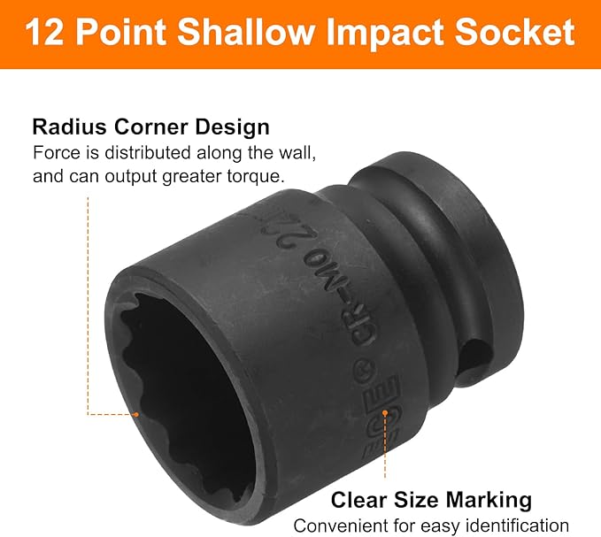 uxcell 1/2" Drive x 22mm Shallow Impact Socket 12-Point Metric CR-MO Steel Nut Impact Grade Socket for Auto Repair