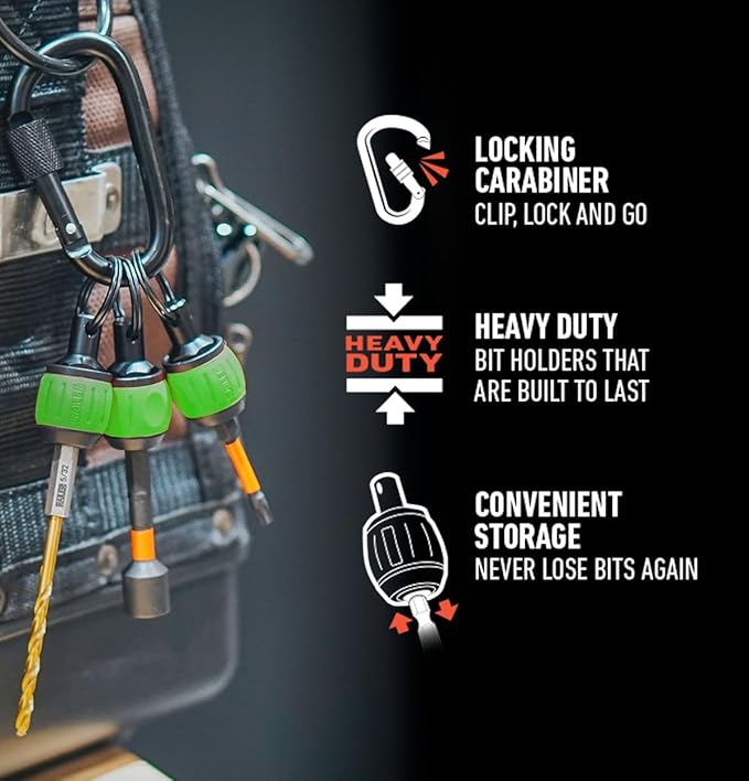 Bit Holder Key Chain Screwdrivers - Railer Heavy Duty 1/4" Hex Soft Ball Grip Bit Holders & Secure Keychain Carabiner. HVAC Tools w/Quick Release For Nut Drivers, Impact Driver & Drill Bits