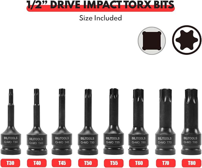 BILITOOLS 8-Piece Impact Torx Bit Socket Set 1/2 inch Drive, T30-T80, Cr-Mo Steel